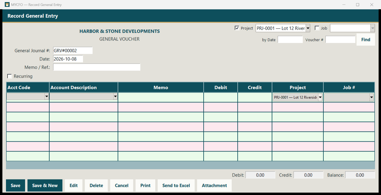 Actual MYCFO screen: Record General Entry with Project & Job. A general voucher (GRV#00002) with Project and Job columns on every line, plus Print, Send to Excel and Attachment buttons.