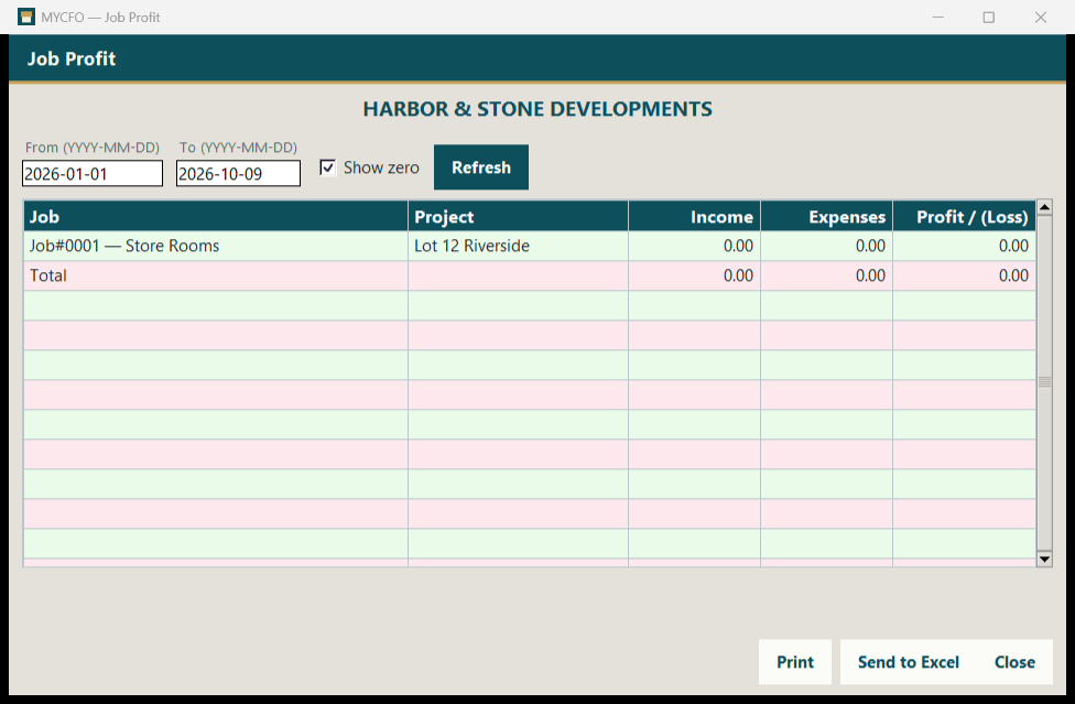 Actual MYCFO screen: Job Profit. Income, expenses and profit/loss for each job and its project for the selected period.
