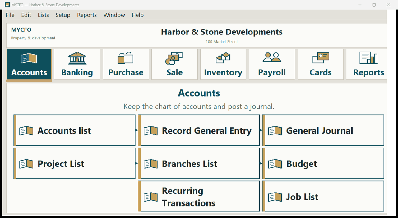 Actual MYCFO screen: Main screen. The MYCFO main screen: Accounts, Banking, Purchase, Sale, Inventory, Payroll, Cards and Reports, with the Accounts command centre open.